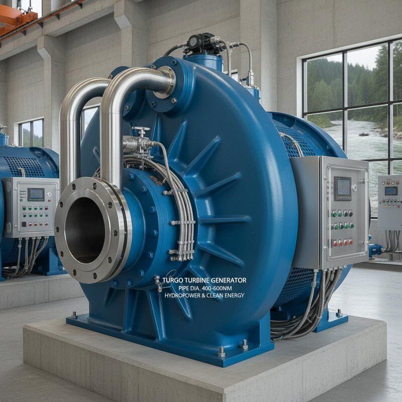 Turbo Turbine Generator dengan Diameter Pipa 400-600mm, Efisiensi Hingga 87% dan Jangkauan Kepala Operasi 15m hingga 300m untuk Generasi Tenaga Air